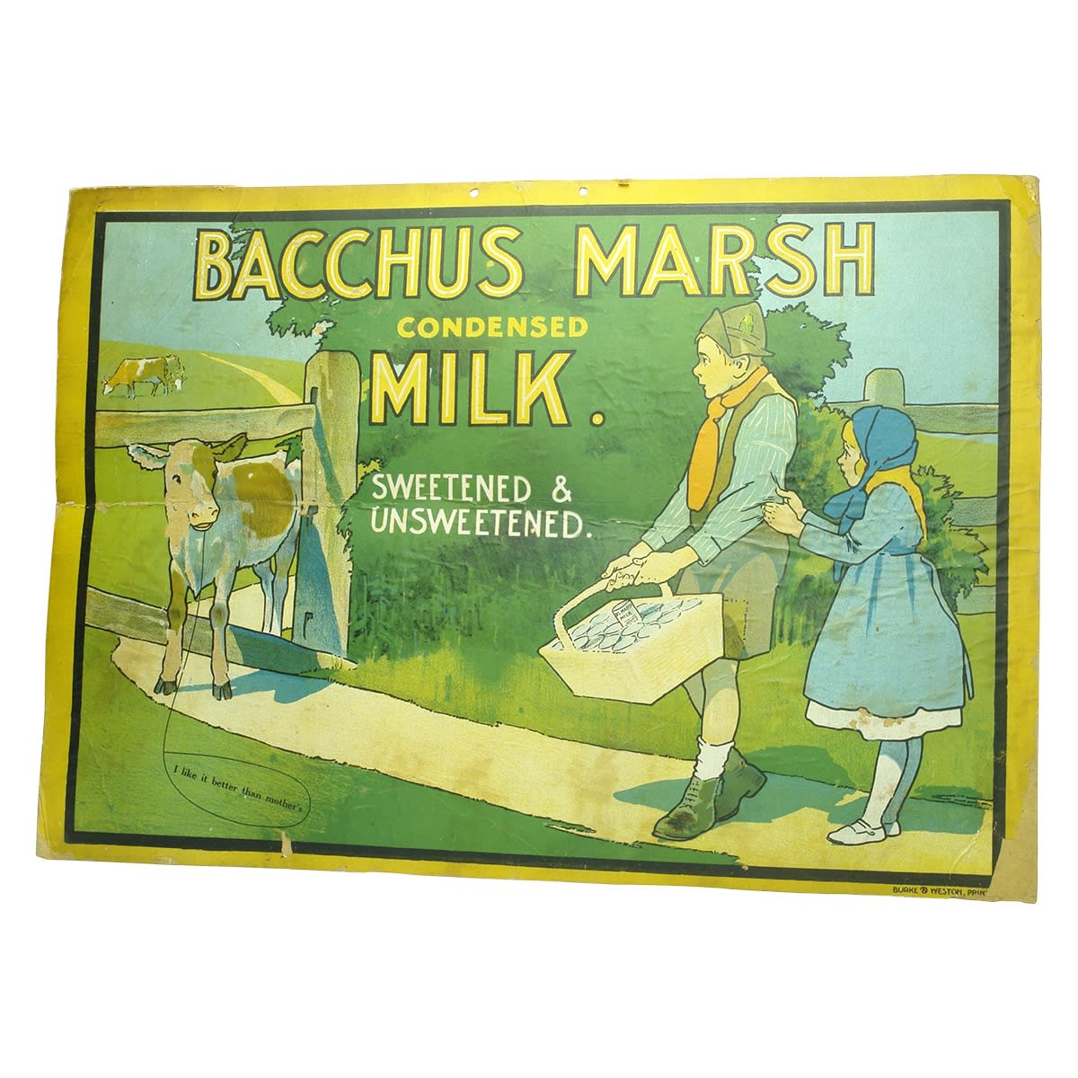 Dairy. Bacchus Marsh Condensed Milk. Cardboard advertising poster with detailed colour scene, and list of factories to rear. (Victoria, New South Wales)