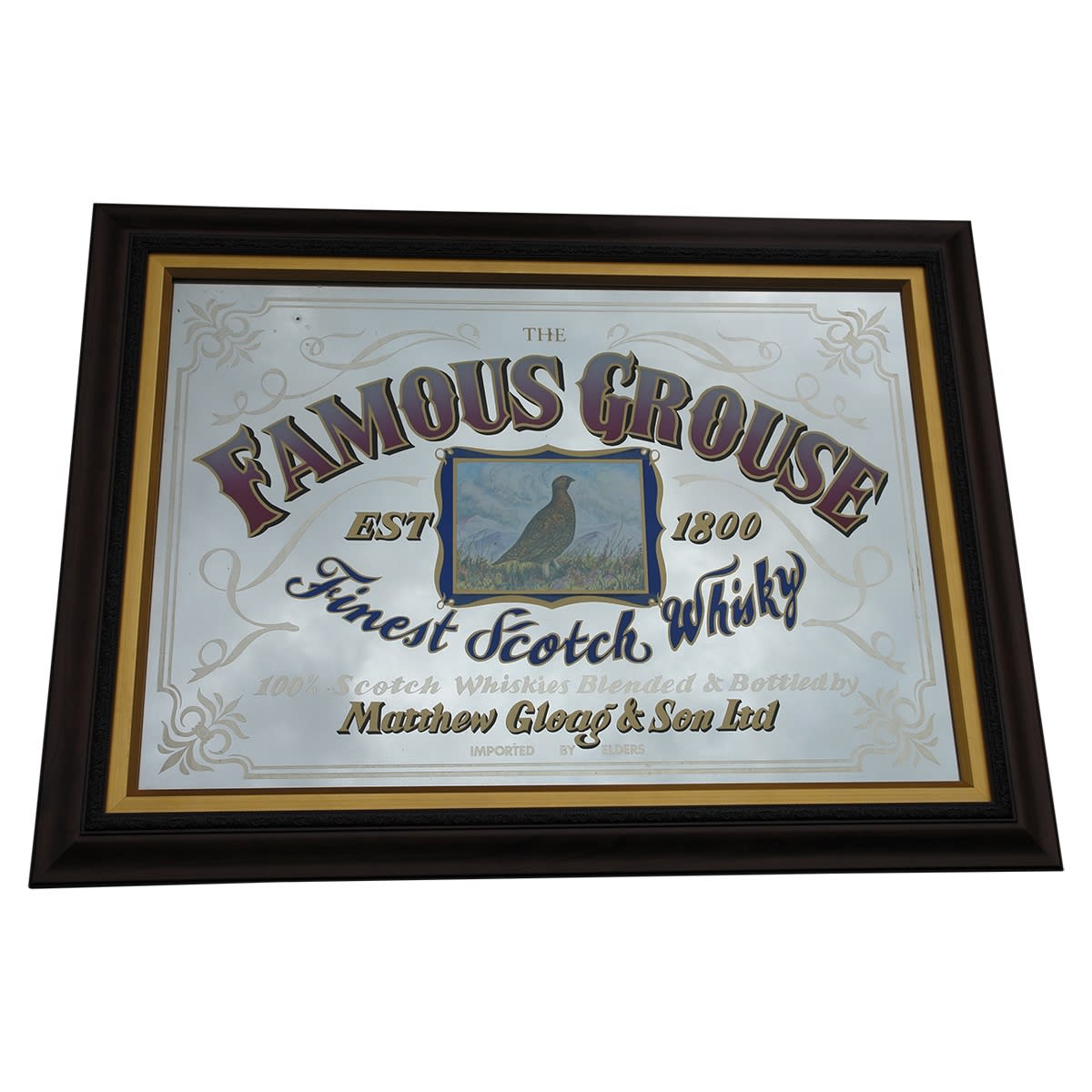 Advertising Mirror. The Famous Grouse Finest Scotch Whisky, Matthew Gloag & Son Ltd, Imported by Elders. (South Australia) (Not for post. Arrangements will have to be made by winning bidder for pickup or courier delivery) (Late Kingsley Durdin collection)