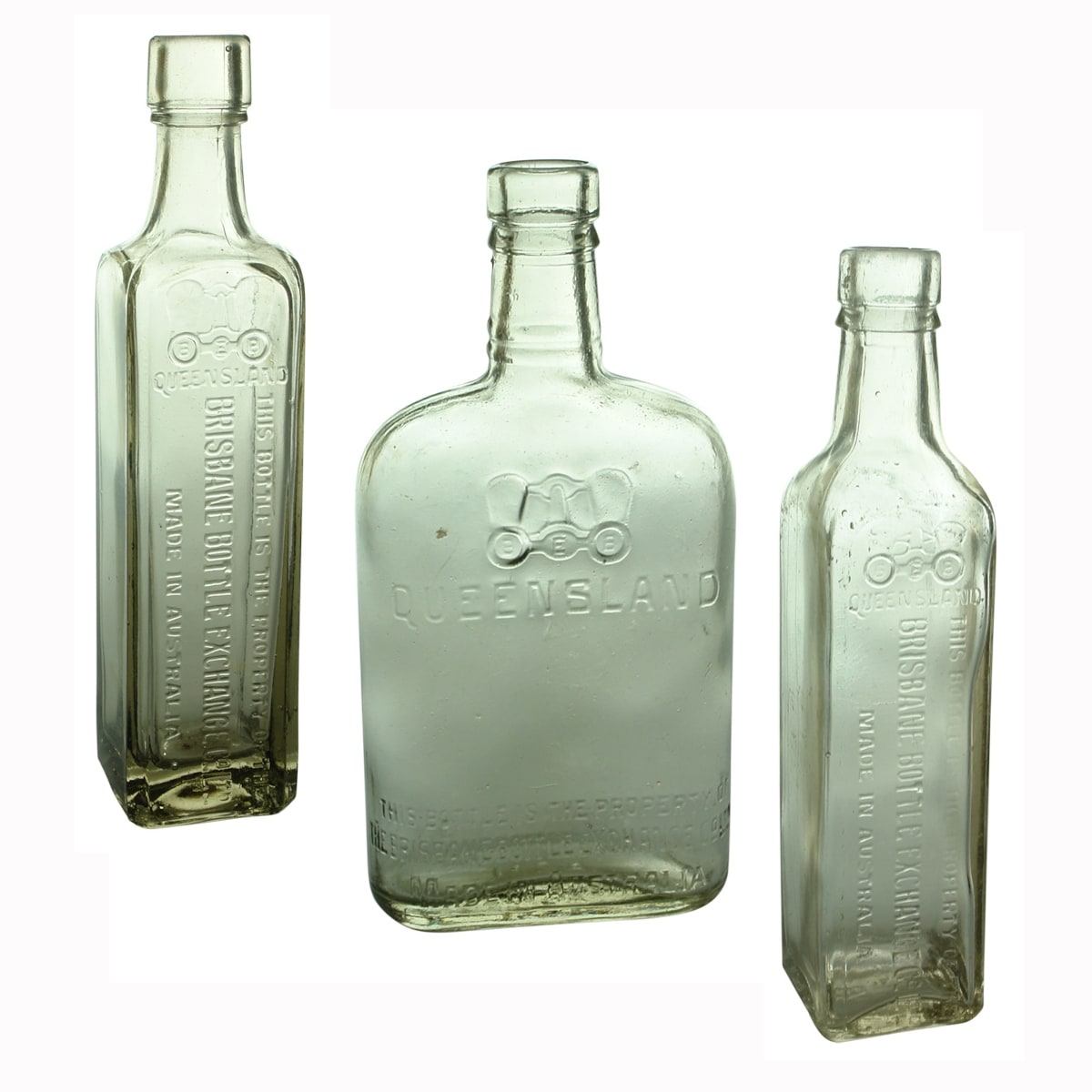3 BEB Spirits Bottles. Brisbane Bottle Exchange. 2 x Rum and 1 x Whisky or Brandy Flask. (Queensland)