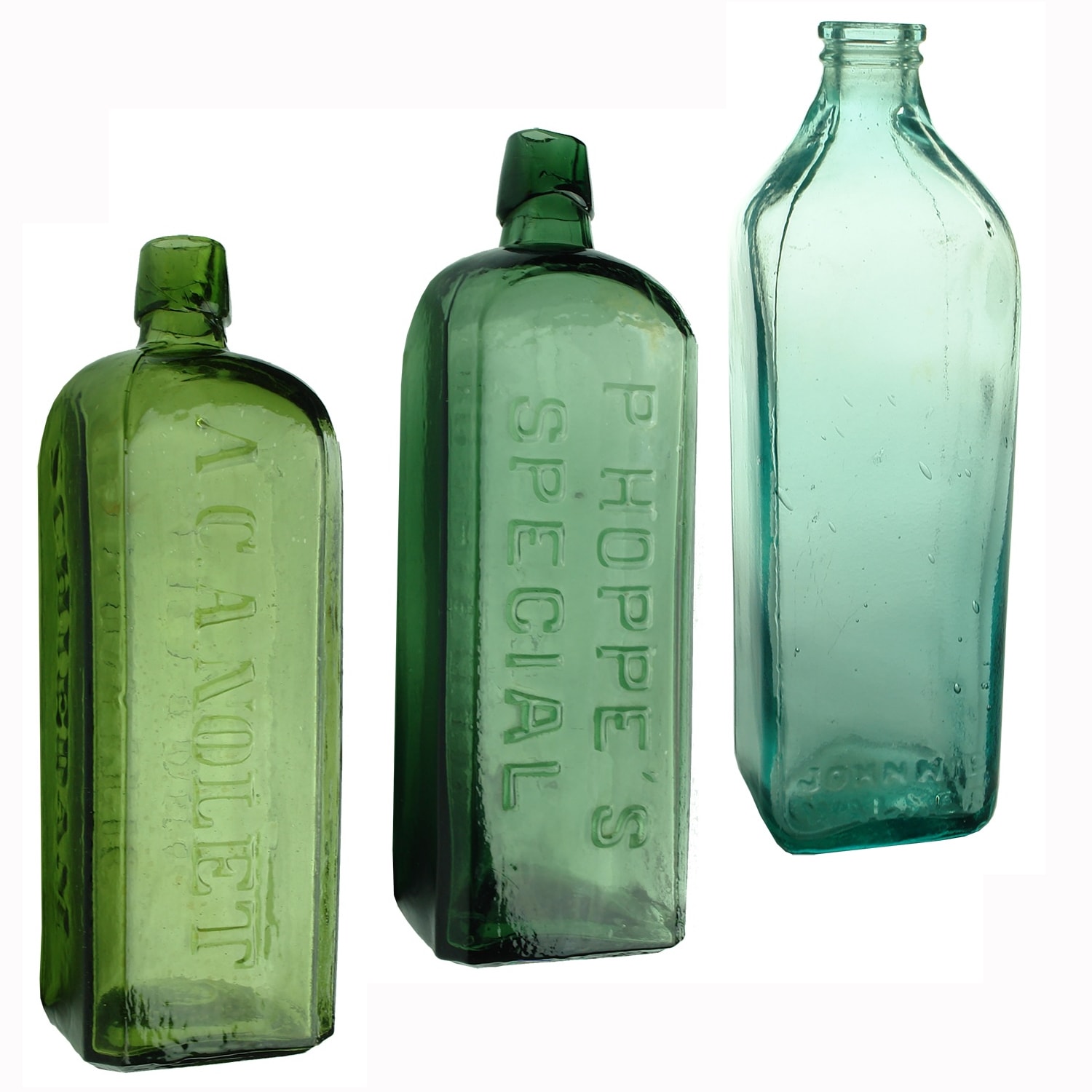 3 Square Spirits Bottles: A. C. A. Nolet, and P. Hoppe's Special Schnapps; Johnnie Walker Whisky dated 1918.