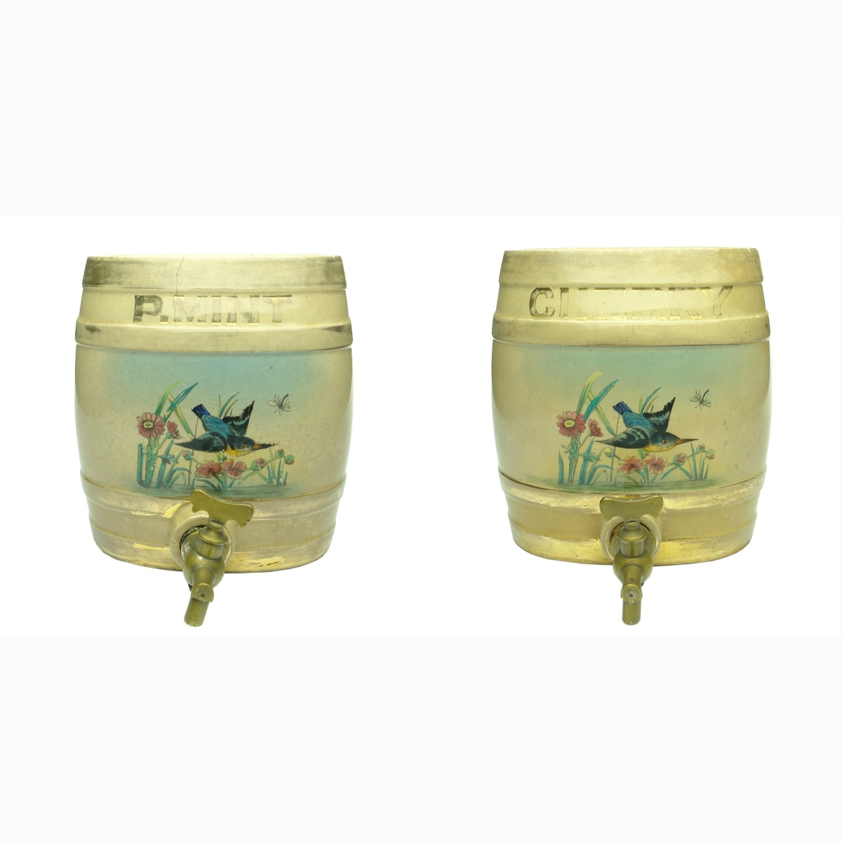 2 Small barrel like dispensers. Peppermint & Cherry. Multicoloured Pictorial of a Kingfisher like bird, Flowers, Reeds & a Dragonfly.