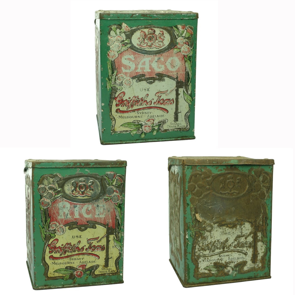 3 Tea Tins. Griffiths Bros Sydney, Melbourne & Adelaide. Signal Trade Mark. Sago, Rice & one with name rubbed off.