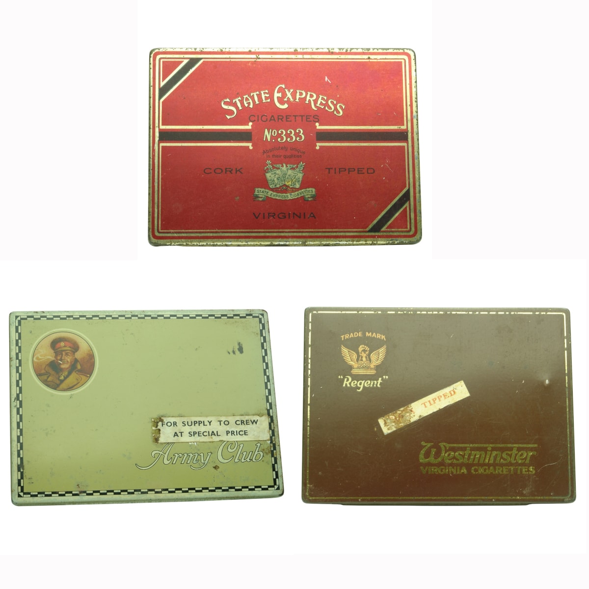 Tins. 1. State Express Cigarettes, No 333. 2. Army Club, for supply to crew at special price, Godfrey Phillips Ltd., London. 3. Westminster Virginia Cigarettes, "Regent", London. (United Kingdom)