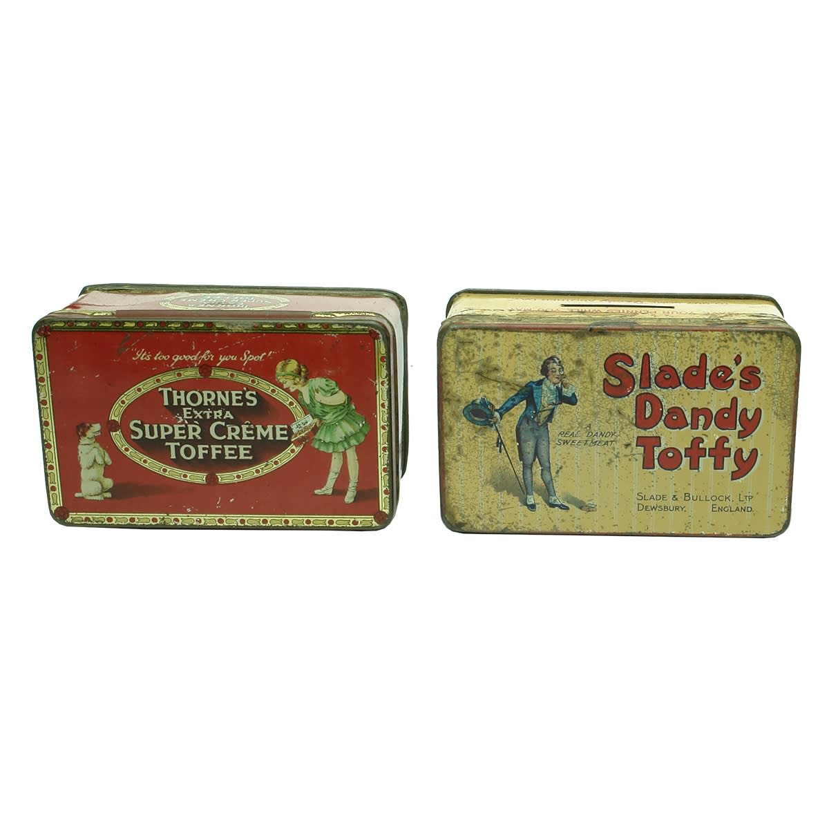 Tins. 1. Thorne's Extra Super Creme Toffee, Leeds. 2. Slade's Dandy Toffy, Slade & Bullock, Ltd., Dewsbury, England.