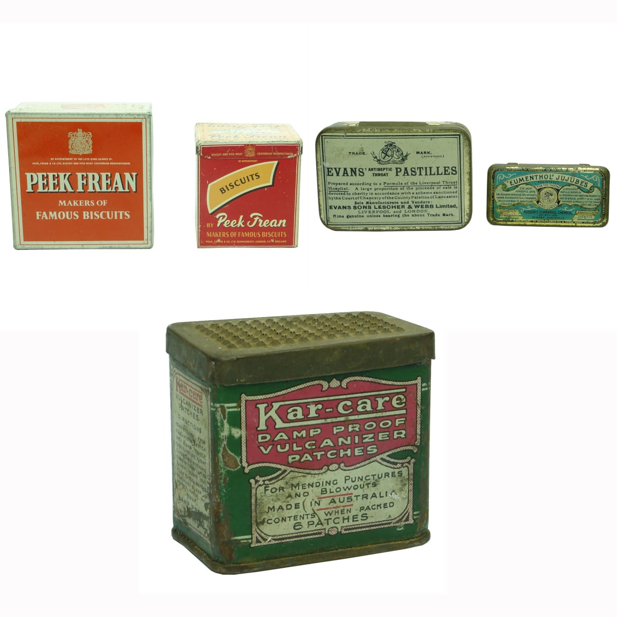 5 Tins. Pair of Small Peek Frean Biscuit Tins; Evans' Throat Pastilles; Eumenthol Jujubes; Kar-care vulcanizer patches.