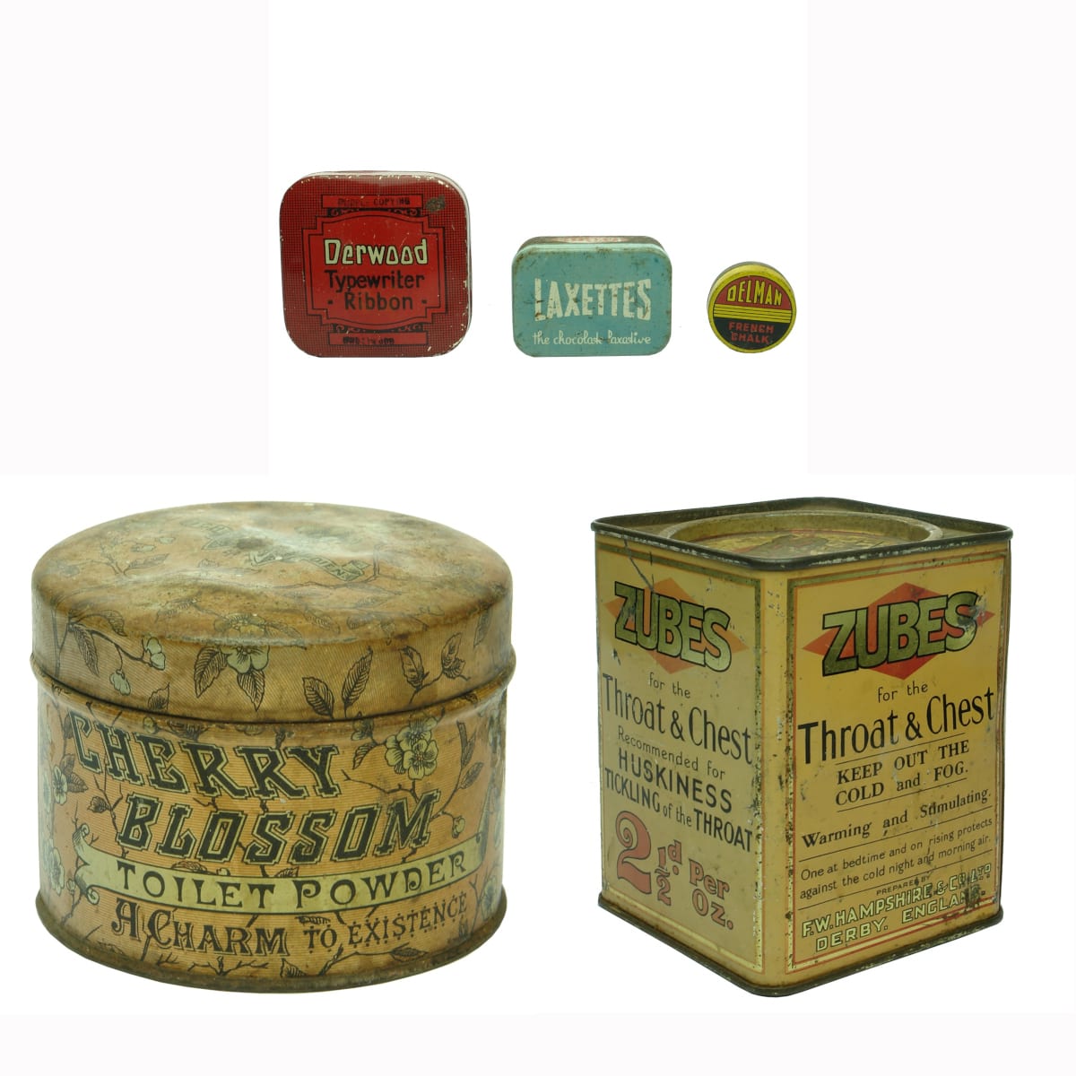 5 Tins. 1. Derwood Typewriter Ribbon. 2. Laxettes. 3. Delman French Chalk. 4. John Gosnell Toilet Powder. 5. Zubes, Hampshire & Co Ltd.