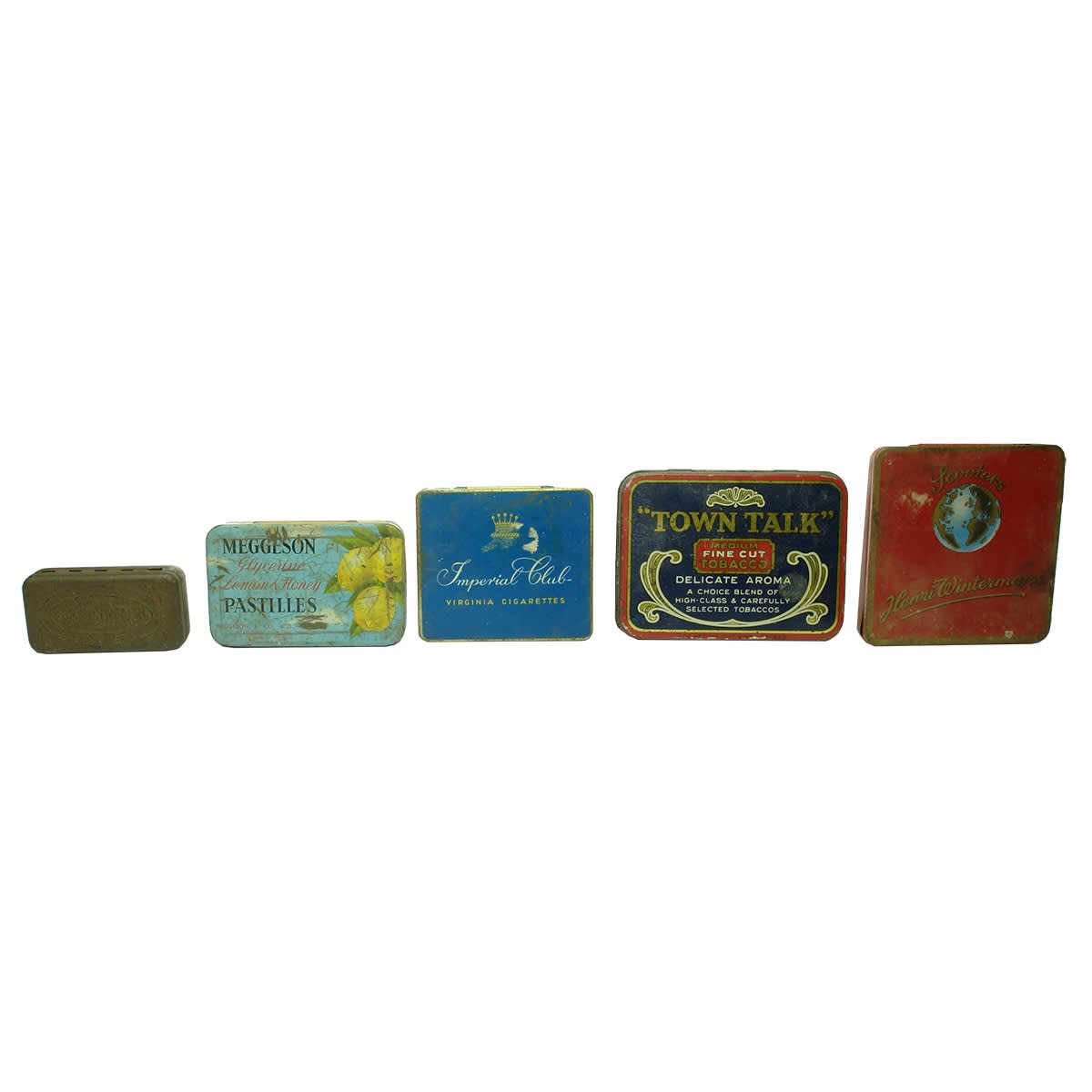 5 Tins: Town Talk Tobacco; Scooters Henri Wintermans; Imperial Club Cigarettes; Meggeson Pastilles; Commonwealth Wax Vestas.