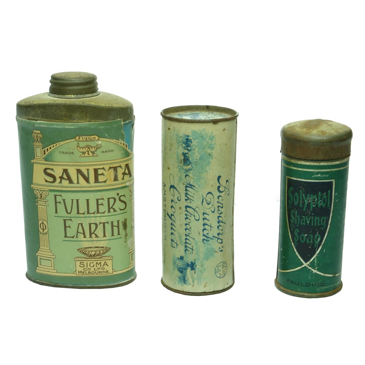 Tins. 1. Saneta Fuller's Earth, Sigma Co. Ltd., Melbourne. 2. Bensdorp's Dutch Milk Chocolate Croquets, Amesterdam. 3. Solyptol Shaving Soap, Faulding.