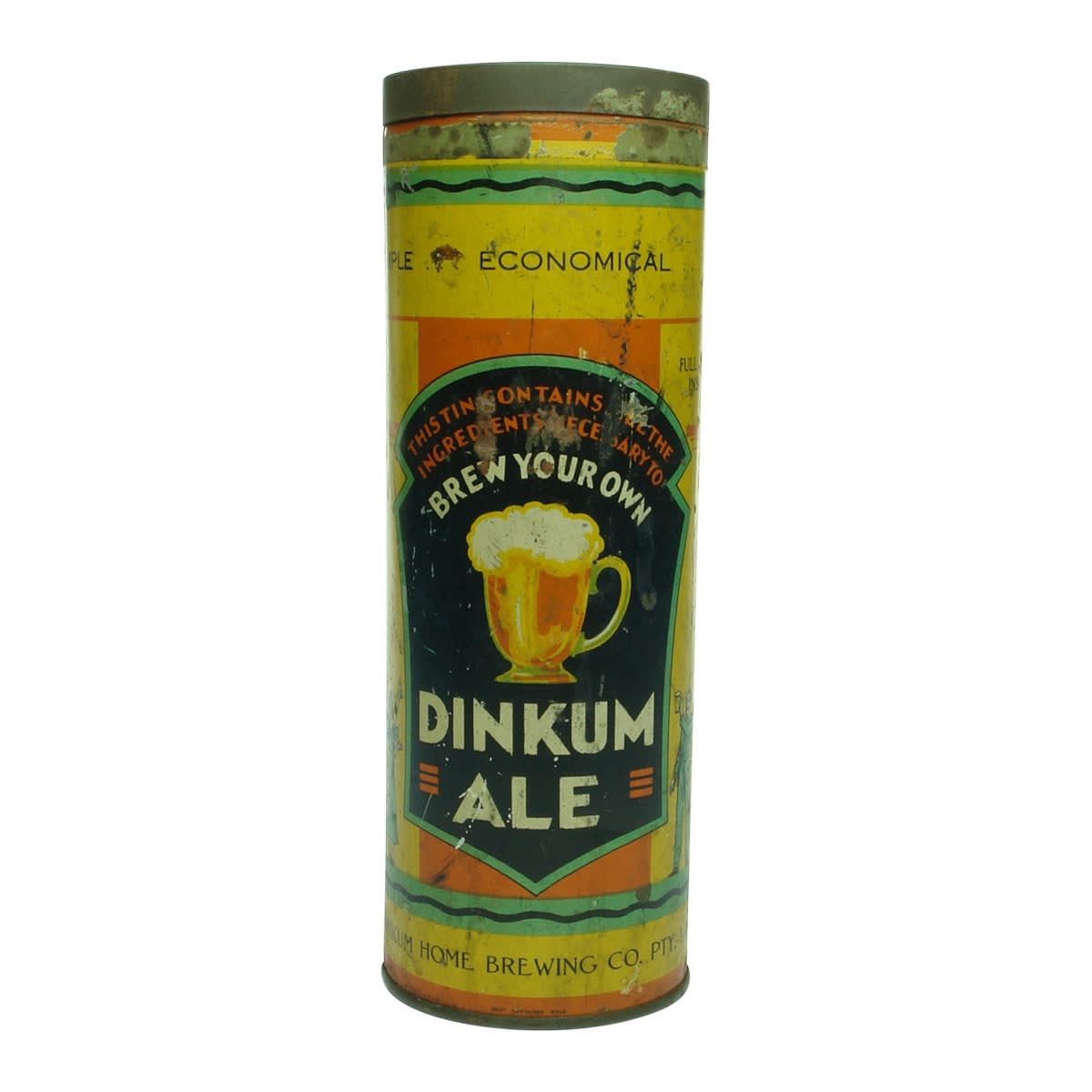 Beer. Dinkum Ale, Dinkum Home Brewing Co. Pty. Ltd., 208 Lonsdale Place, Melbourne. Tall lidded multicoloured tin. (Victoria)
