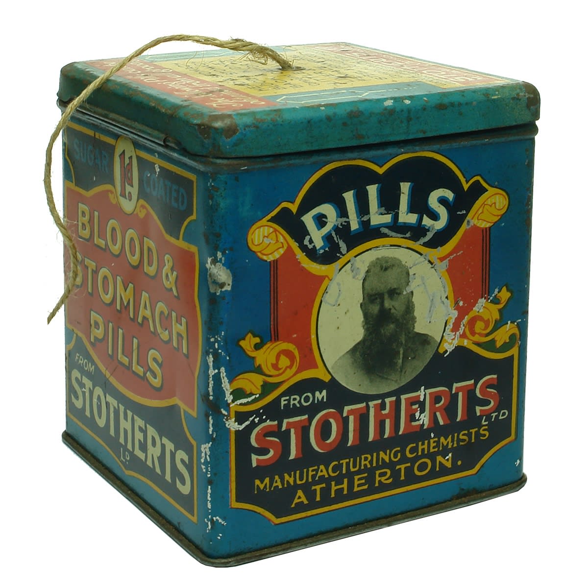 Tin String Dispenser. Stotherts, Atherton Advertising Various Medicinal Products.
