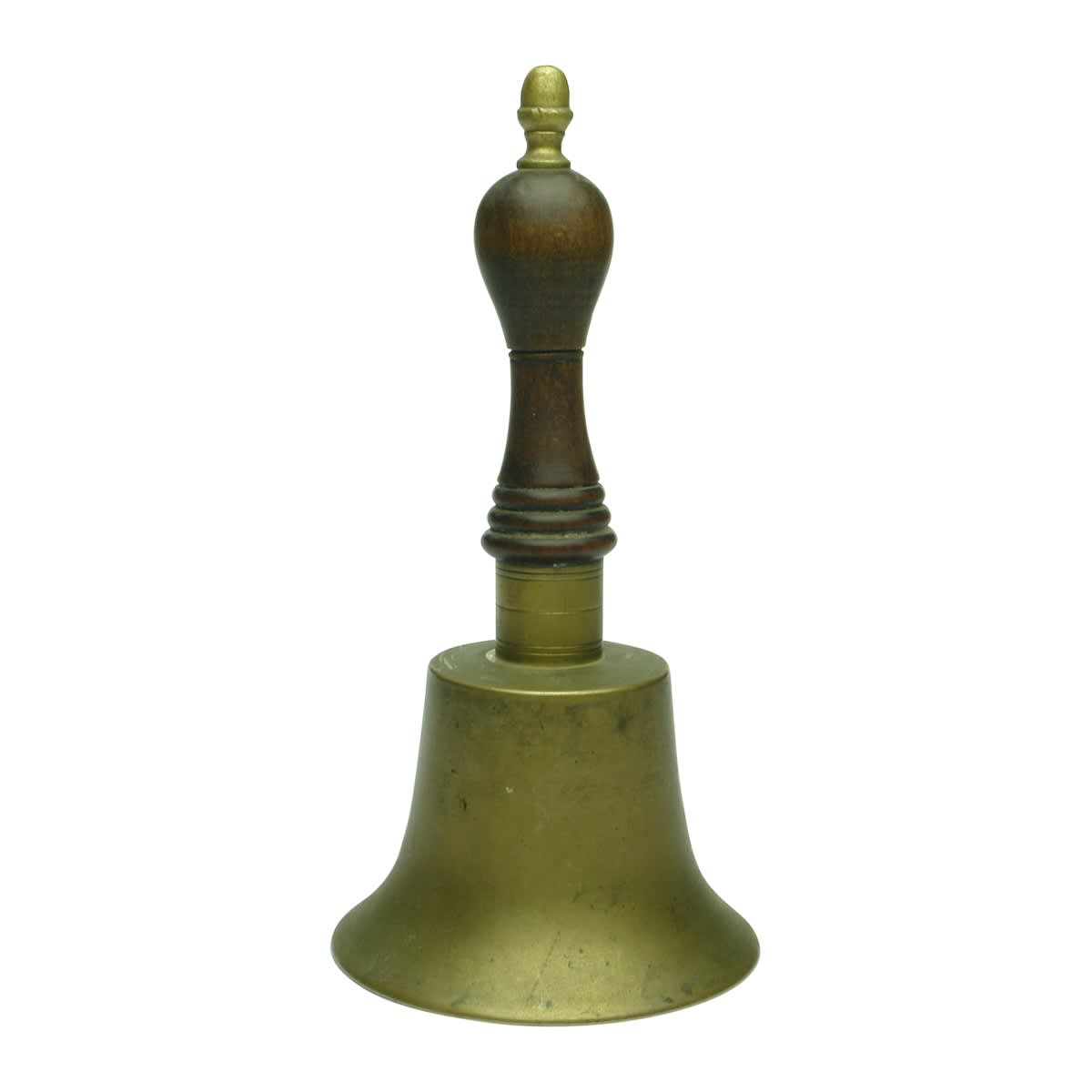 Metalware. Wooden handled brass bell. 88 mm across.