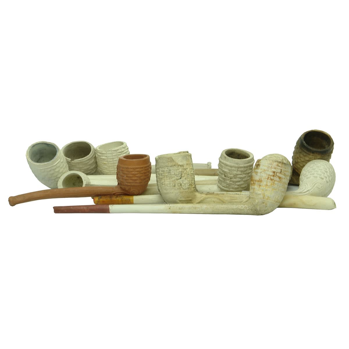 11 different Basket weave pattern clay pipes. Later one with Made in England printed plus early types. Lot of variance in the patterns.