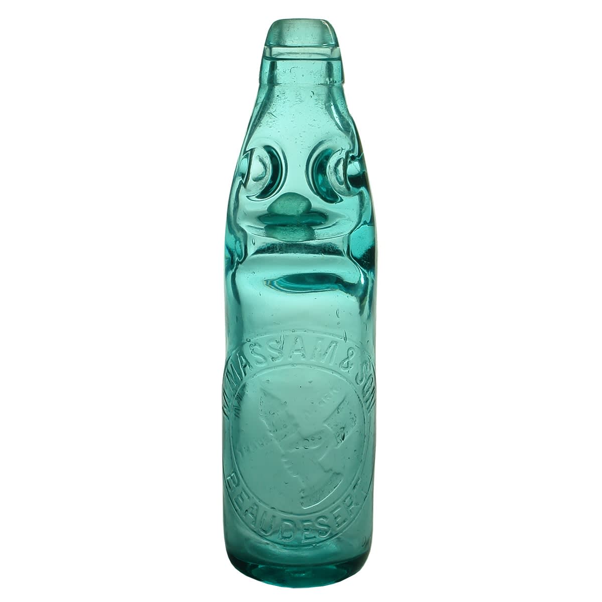 Codd. M. Massam & Son, Beaudesert. Hand with Incense burner. Darker blue aqua. 10 oz. (Queensland)