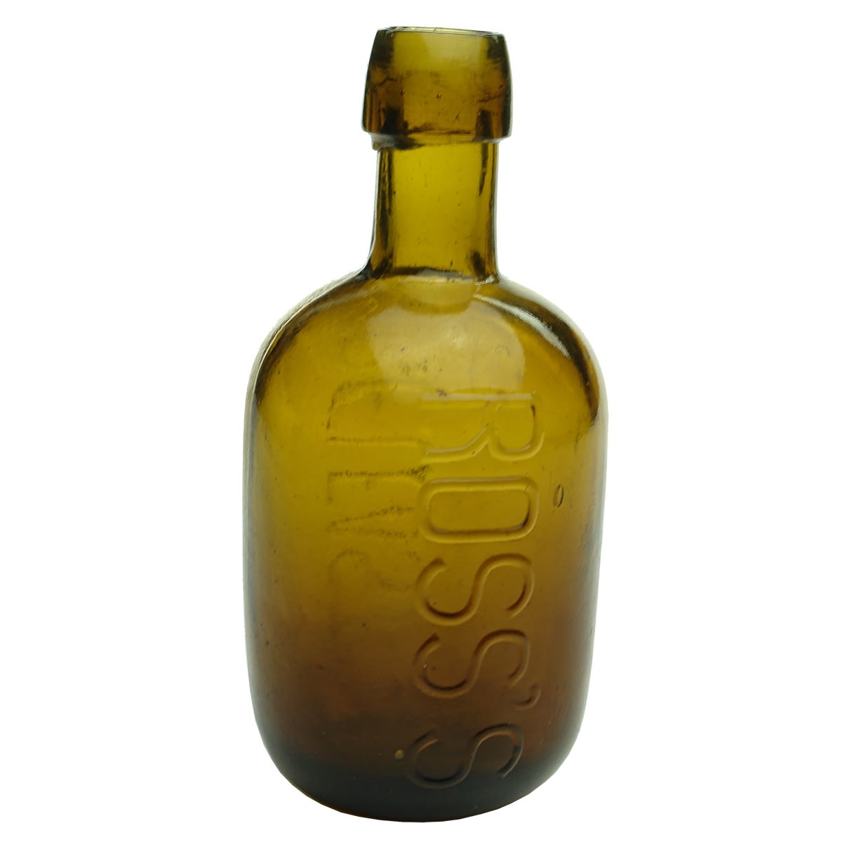Cork top dumpy with rounded base. Ross's Belfast. Amber. 10 oz.