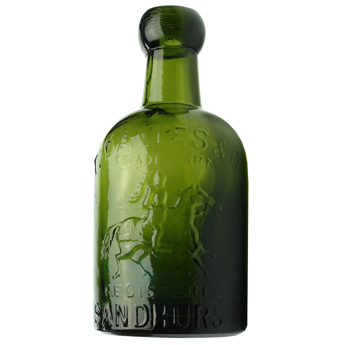 Blob Top Dump Soda. T. Davies & Co., Sandhurst. Knight on Horseback. Dark Green. 10 oz. (Victoria) (Late Kingsley Durdin Collection)