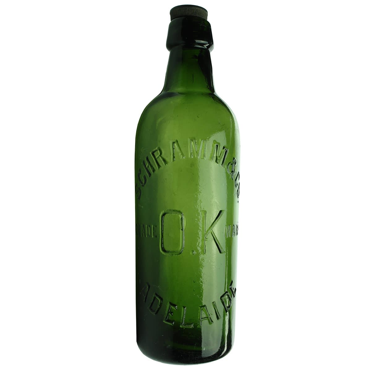 Internal Thread. Schramm & Co., Adelaide. OK trade mark. OK stopper. Dark Green. 26 oz. (South Australia)