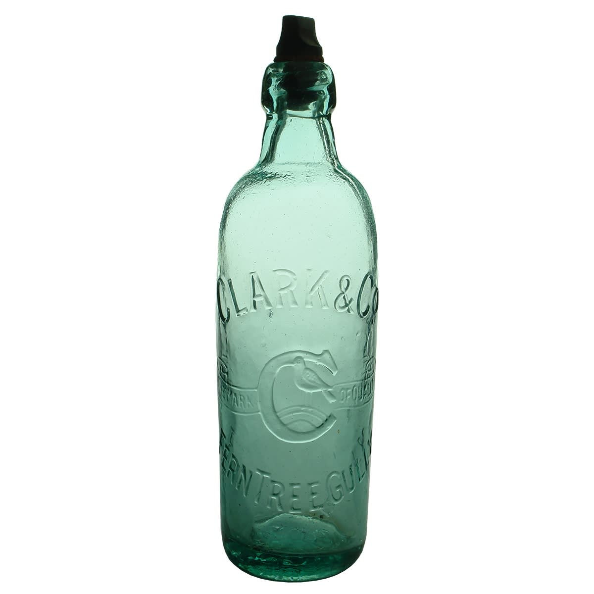 Internal Thread. Clark & Co, Fern Tree Gully. C with a Lark. The Mark of Quality. Blob Top. Aqua. 26 oz. (Victoria)