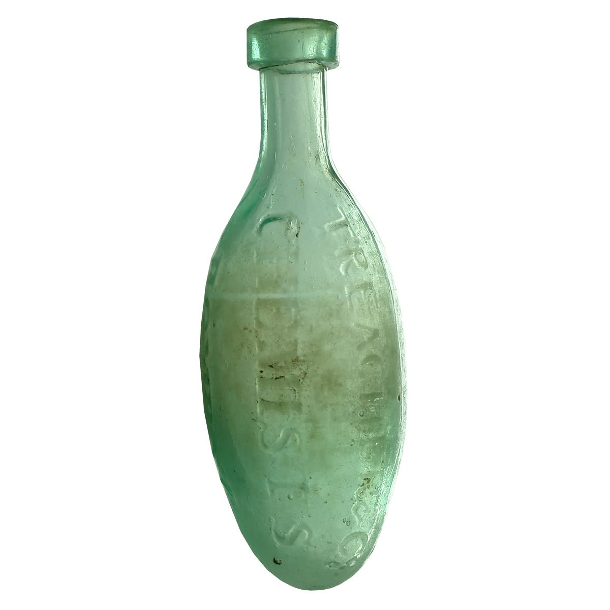 Torpedo. Treacher & Co., Chemists, Bombay. Egg shape. Large square collar top. (Mumbai, India)