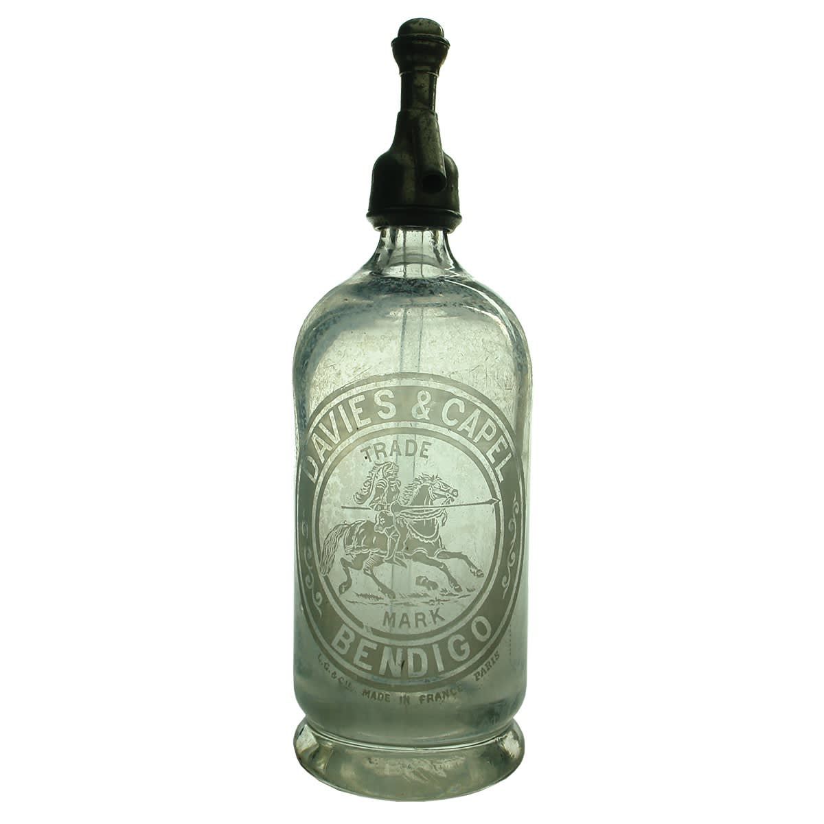 Soda Syphon. Davies & Capel, Bendigo. Knight with Lance on Horseback. J. W. Horsburgh Nagambie metal spout. 30 oz. (Victoria)