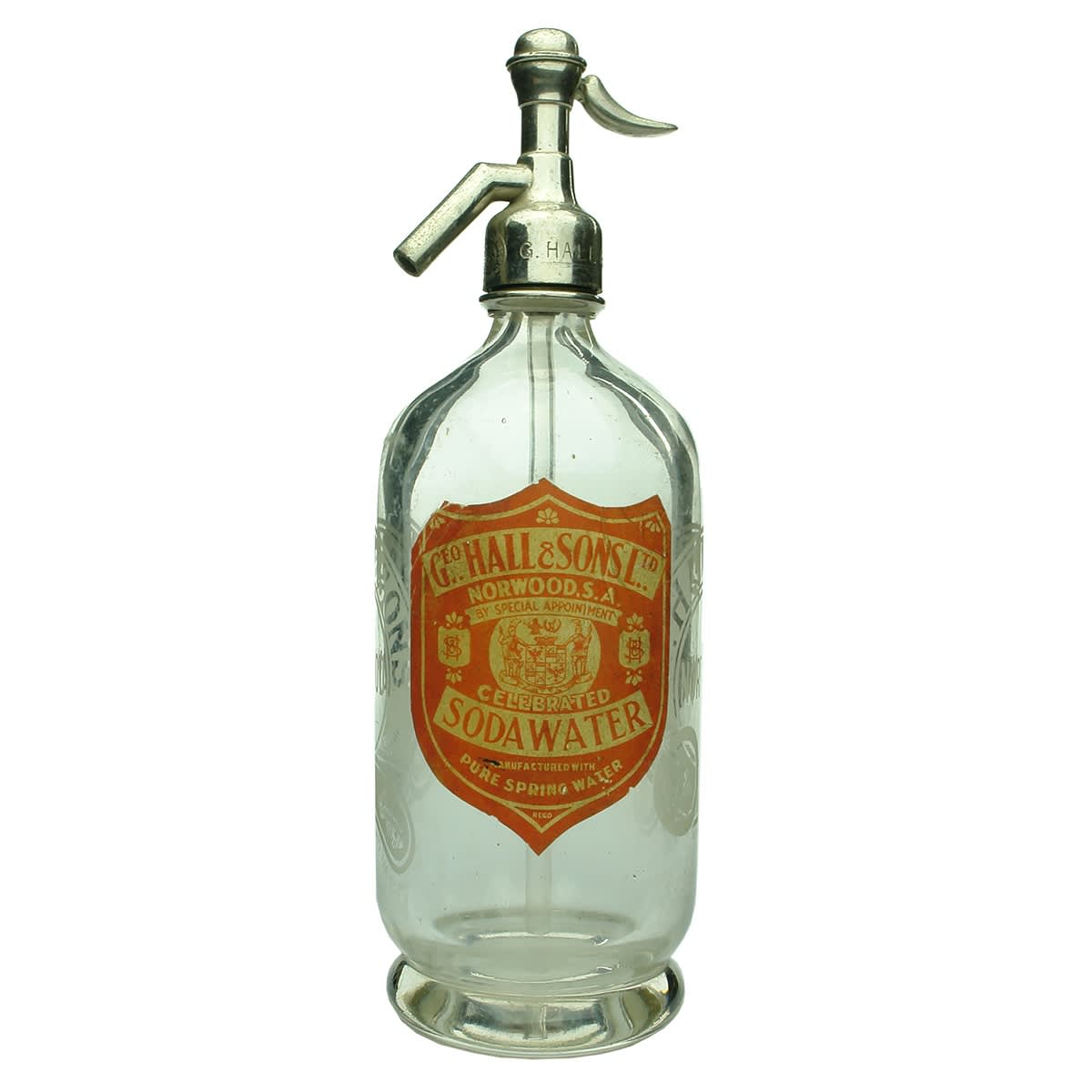 Soda Syphon. G. Hall & Sons Norwood. Original Label G. Hall & Sons Ltd. By Special Appointment. Coat of Arms. (South Australia)