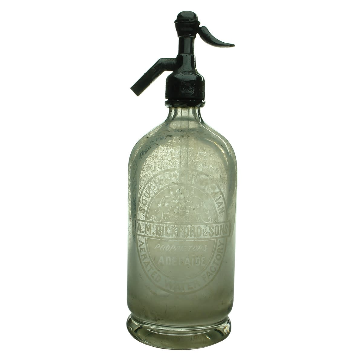 Soda Syphon. A. M. Bickford & Sons South Australian Aerated Water Factory, Adelaide. Made in France. Clear. 30 oz. (South Australia)