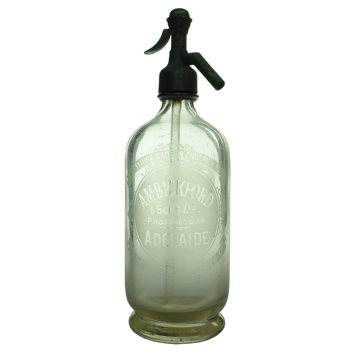 Soda Syphon. A. M. Bickford & Sons Ltd, Adelaide. Fancy B to the back. Round. 30 oz. (South Australia)