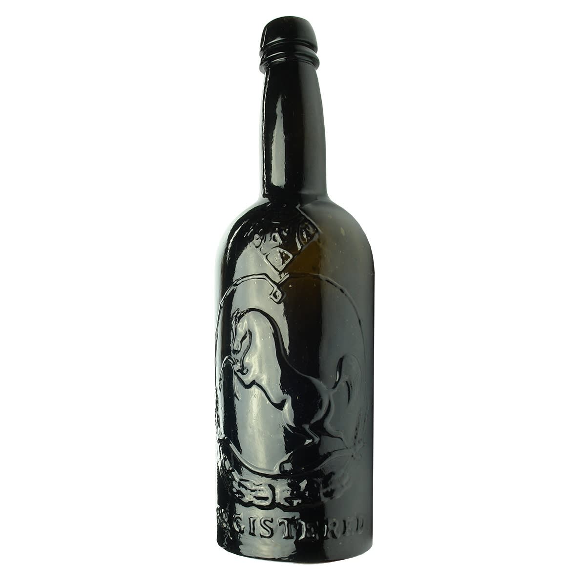 Beer. Black Horse Ale. Black Glass. Tall. 26 oz. Straight sided top.