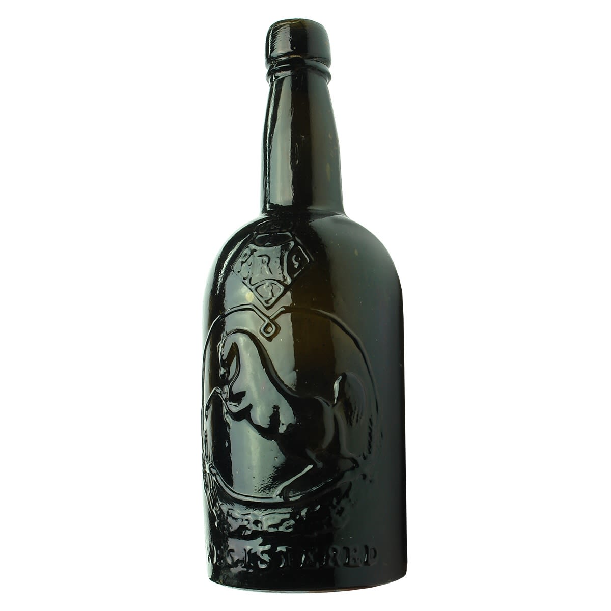 Beer. Black Horse Ale. Black Glass. Squat. Flat or straight sided top. 26 oz. (Tooth & Co., Kent Brewery).
