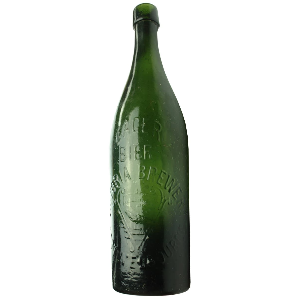 Beer. Victoria Brewery, East Melbourne. Lager Bier. Bird excaping Cage with Big V. B1 base mark. Green. 26 oz. (Victoria)