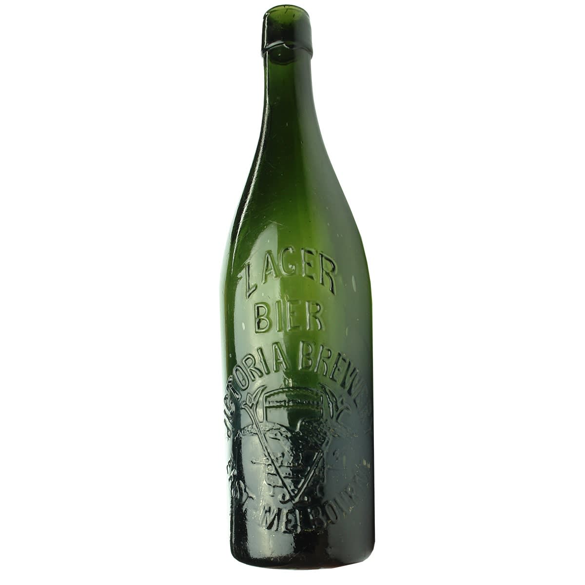 Beer. Victoria Brewery, East Melbourne. Lager Bier. Bird excaping Cage with Big V. M base mark. Green. 26 oz. (Victoria)