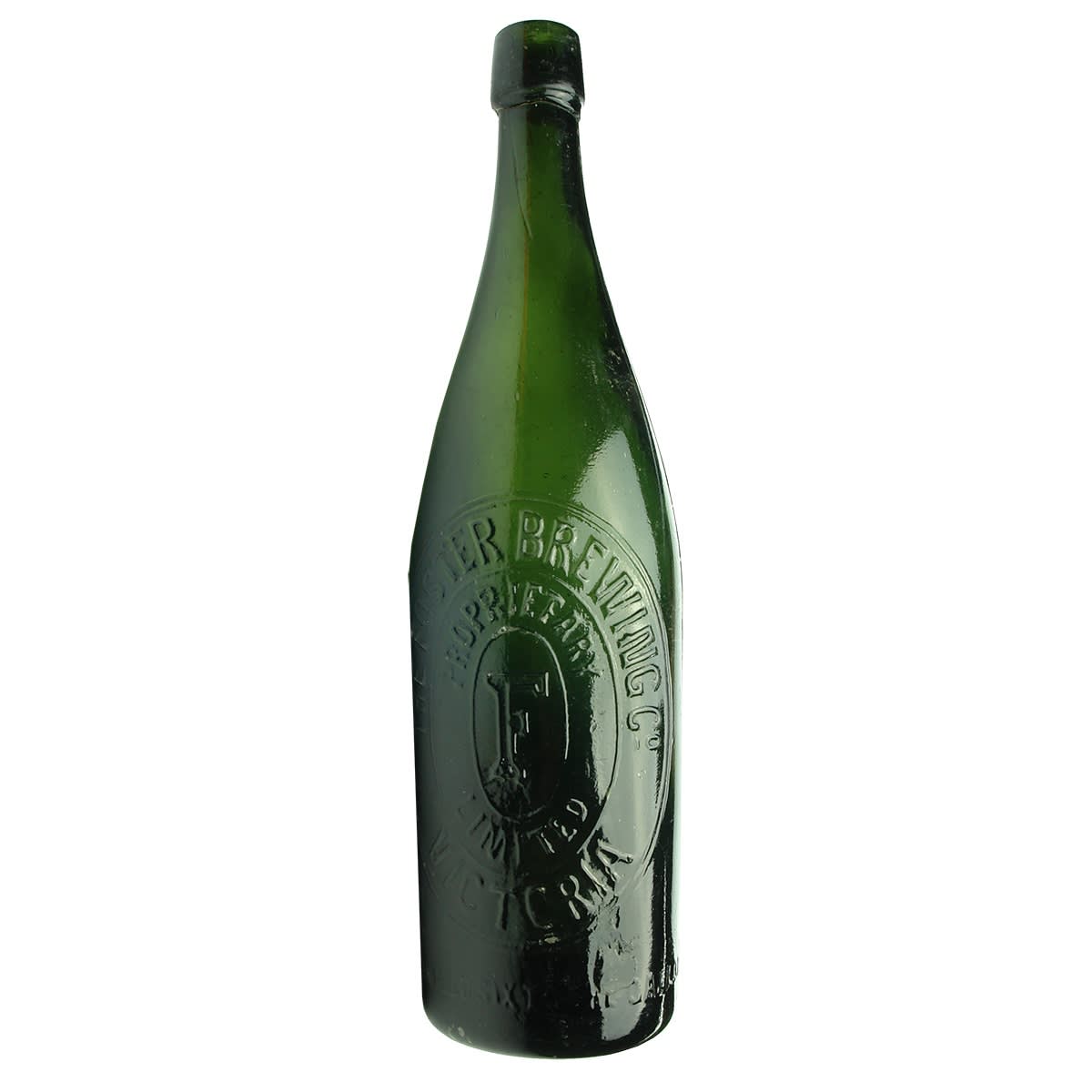 Beer. Foster Brewing Co. Guaranteed Six to the Gallon in one line. Wrap Top. F only to base. Green. 26 oz. (Victoria)