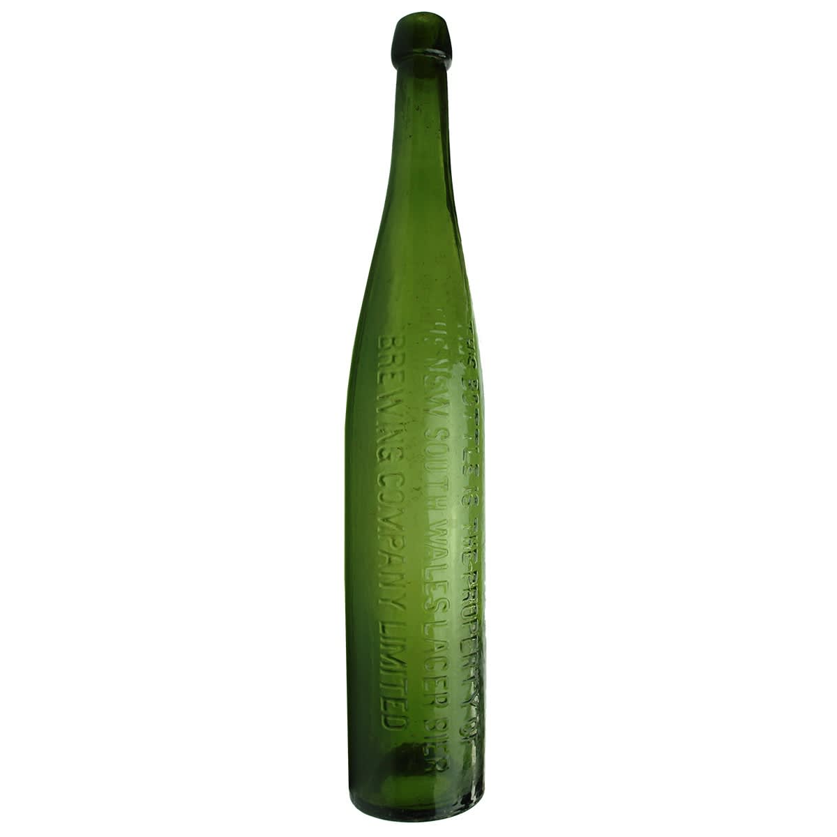 Beer. The New South Wales Lager Bier Brewing Company Limited. Very long tall Pilsener bottle. Green. 26 oz. (New South Wales)