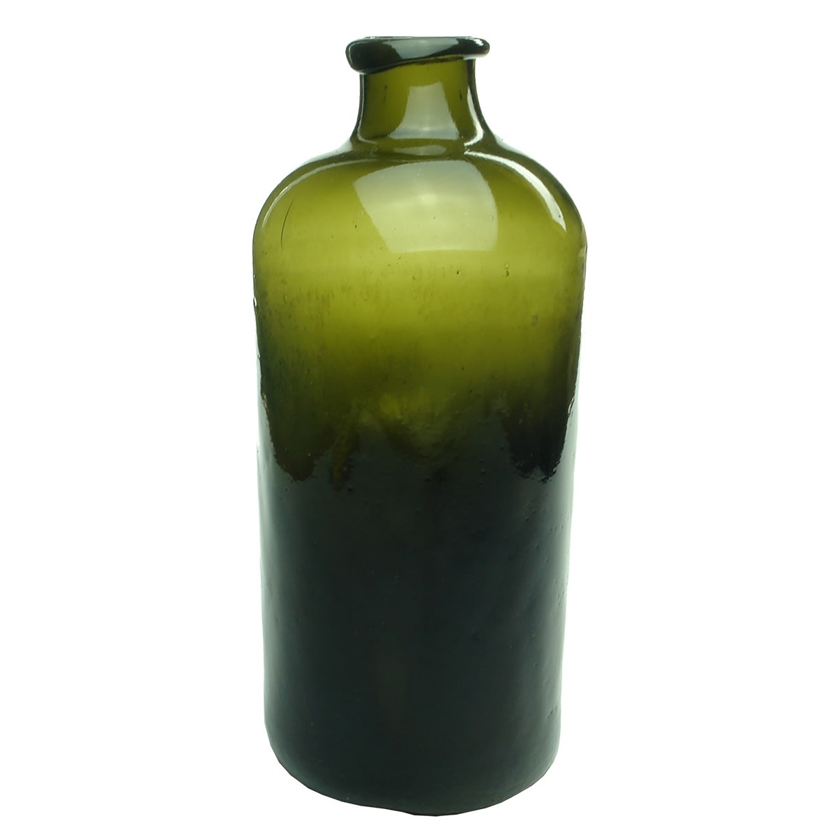 Large black glass apothecary type jar. Chemist jar. Rolled lip and big sharp pontil scar to base.