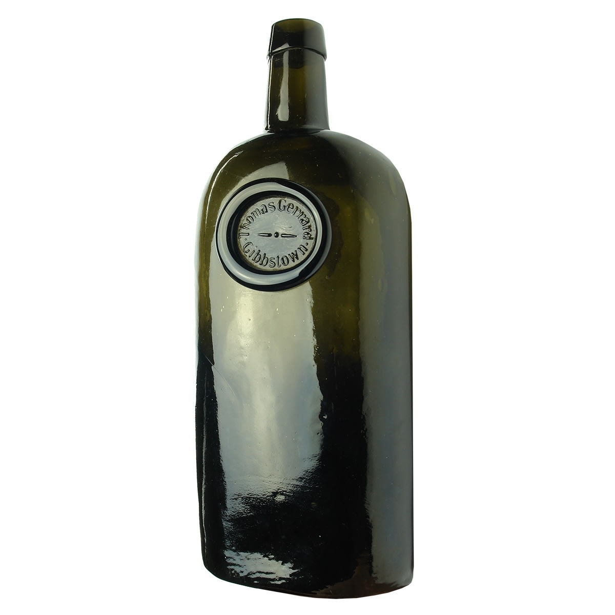 Whisky. Black Glass with seal to front. Thomas Gerrard, Gibbstown. Quart.
