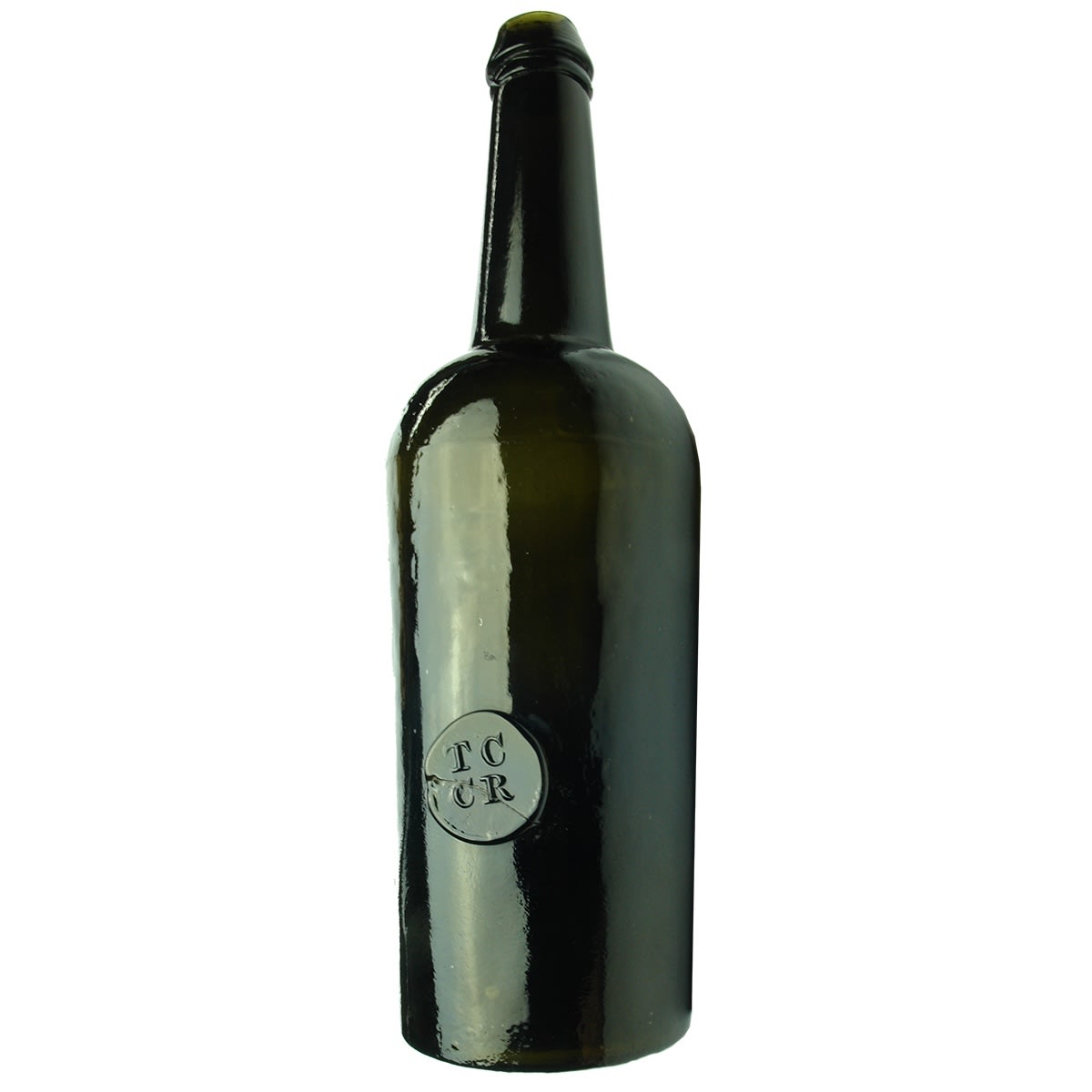Sealed black glass bottle. TCCR. Trinity College Common Room. Three piece mould. 26 oz.