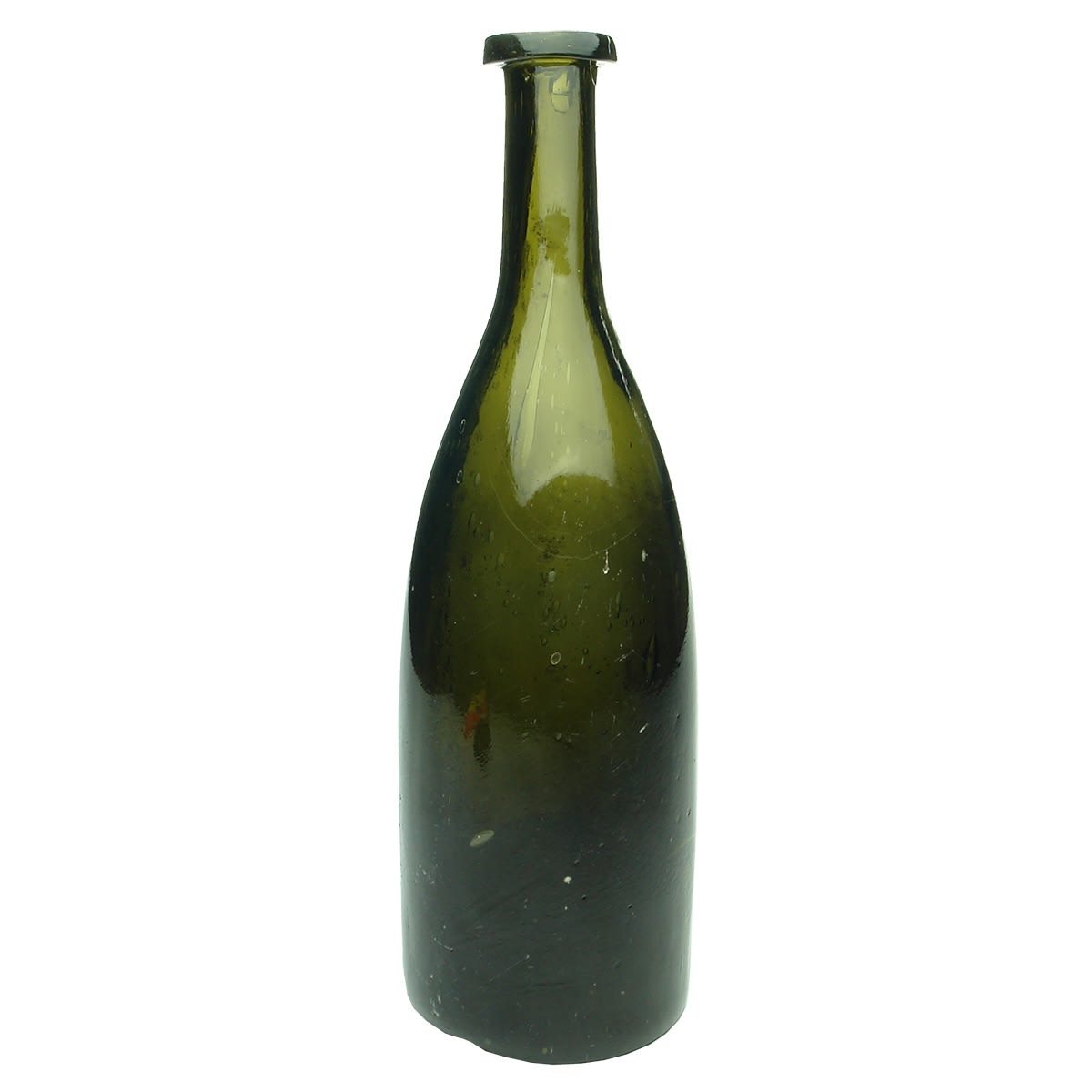Plain Black glass bottle. Flat applied top. Pontil scar to punt.