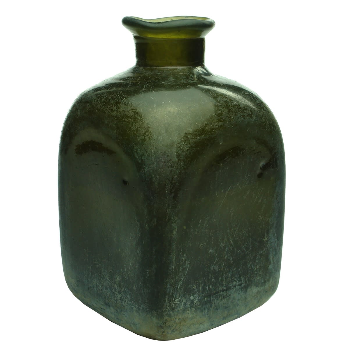 Early glass. Black Glass Square Apothecary bottle or similar. Wide flared top. Pontil scar to base.
