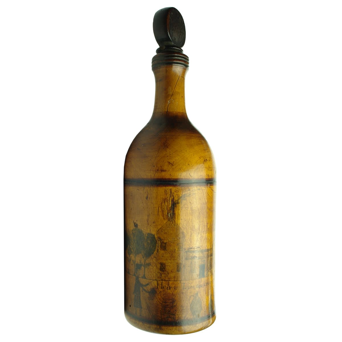 Wooden bottle with stopper. Very early crude drawings of a Horse, people and a house. Motto or Poem underneath in very fine print.