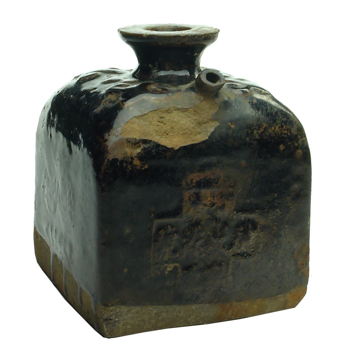 Chinese Soy Sauce. Square with moulded designs including two globes and characters in a cross.