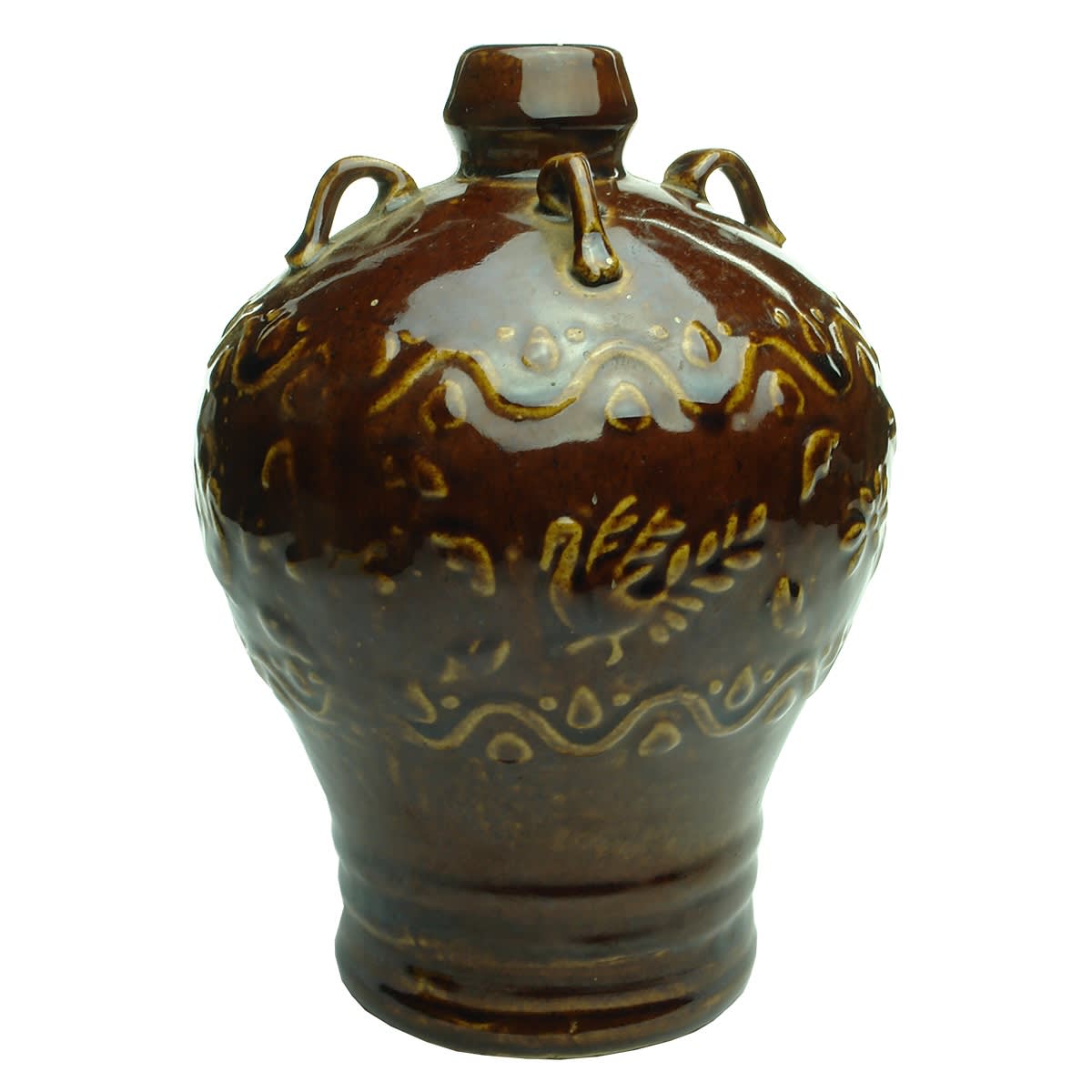 Chinese like pottery. Wine jar with loops to shoulder. Brown glaze. Decoration. Unglazed base.