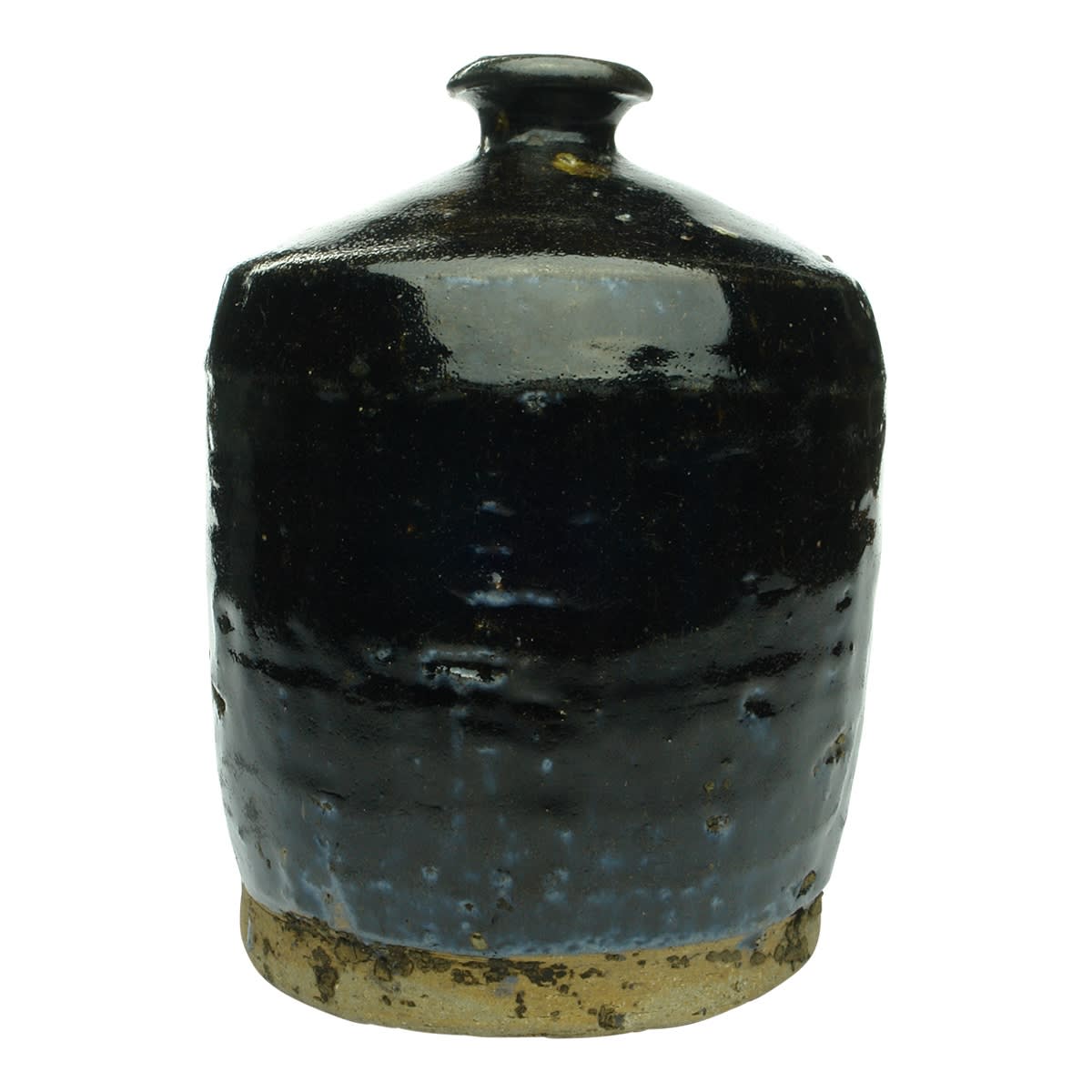Chinese. Large and very heavy cylindrical container with narrow neck and flared lip. Chocolate glaze. 193 mm.