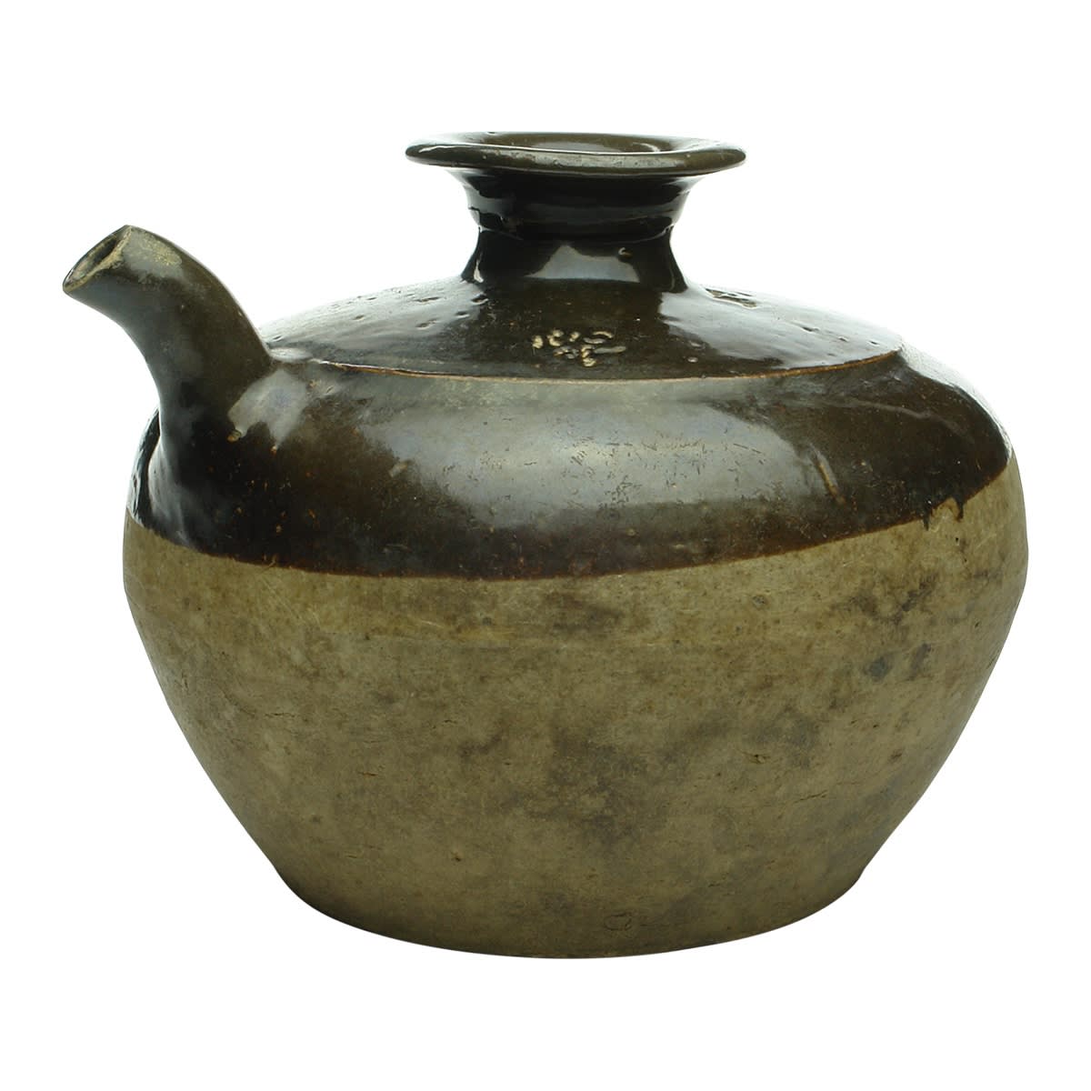 Chinese. Unusual Soy Sauce, only glaze to upper half. Chinese characters embossed to base.