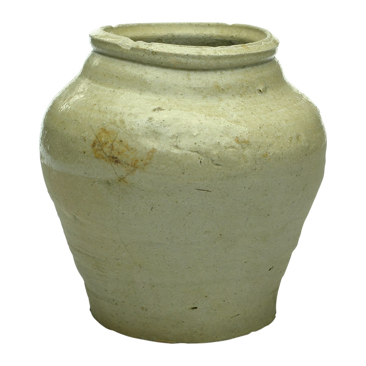 Chinese. Wide mouth tapered jar with grey lip and neck glaze, unglazed body. 153 mm.