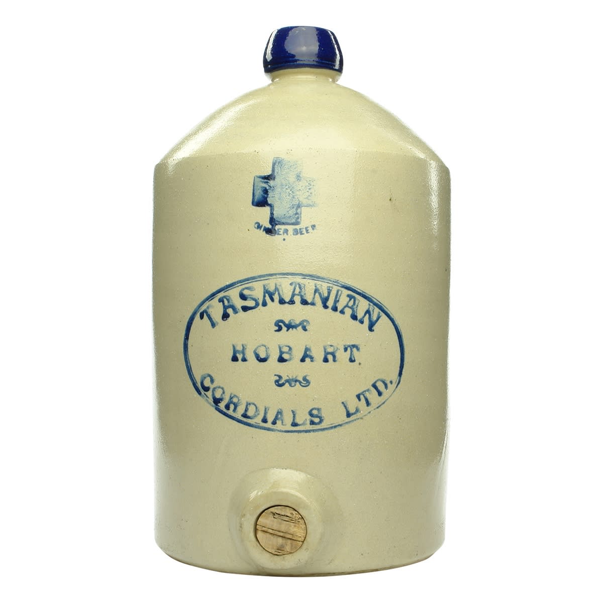 Demijohn. Tasmanian Cordials Ltd. Hobart. Blue Cross. Blue Lip. Spigot. Handleless Variety. 2 Gallon. (Tasmania)
