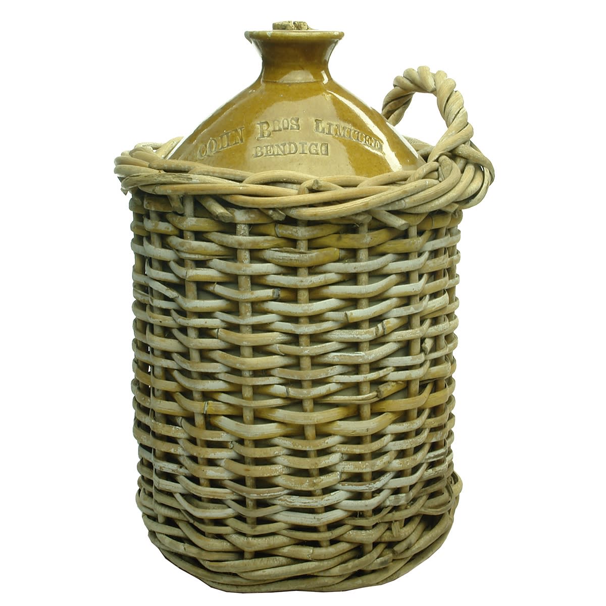 Demijohn. Cohn Bros Limited, Bendigo. Impressed. In a wicker basket. Gallon. (Victoria)