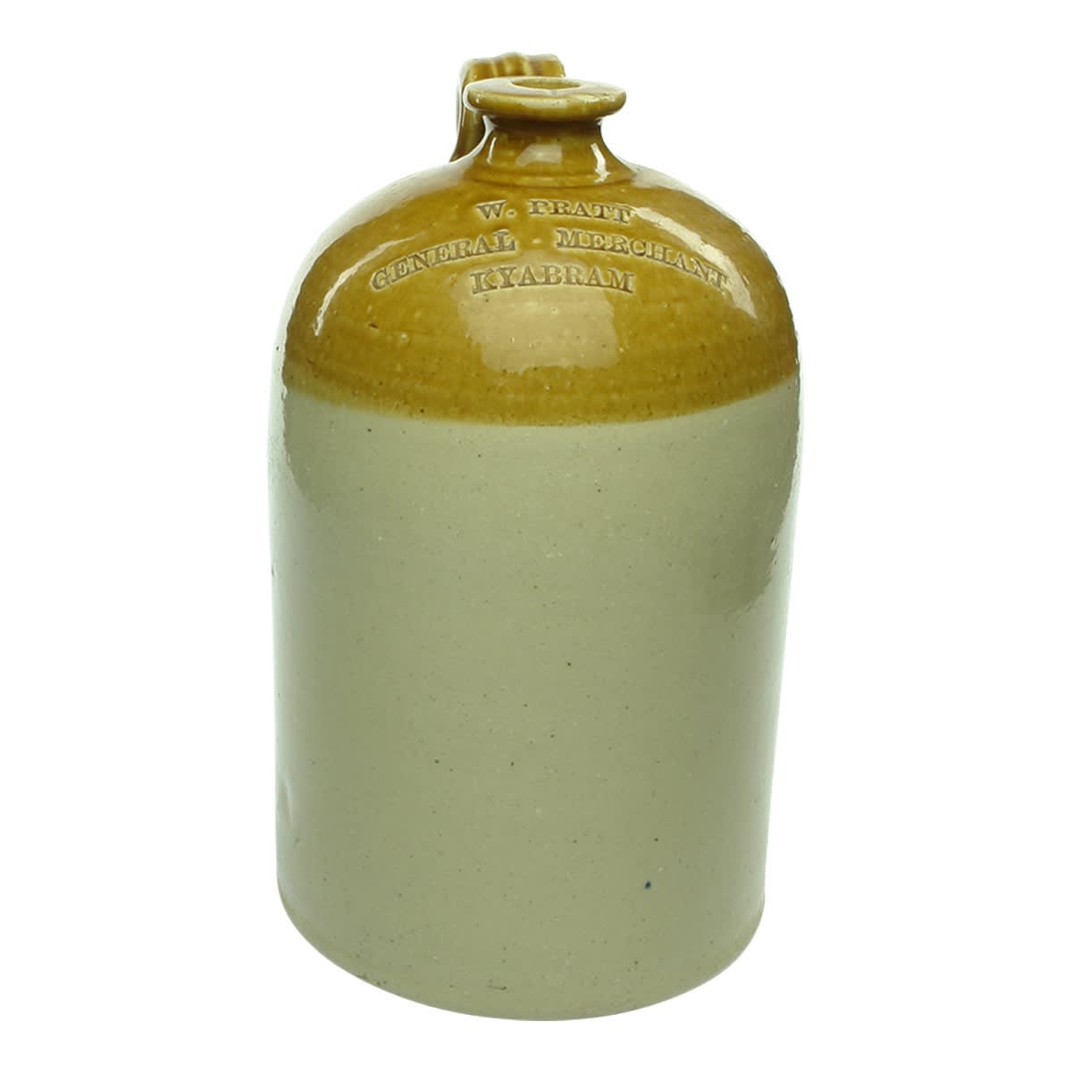 Demijohn. W. Pratt, General Merchant, Kyabram. Impressed. Tan Top. 1 Gallon. (Victoria)