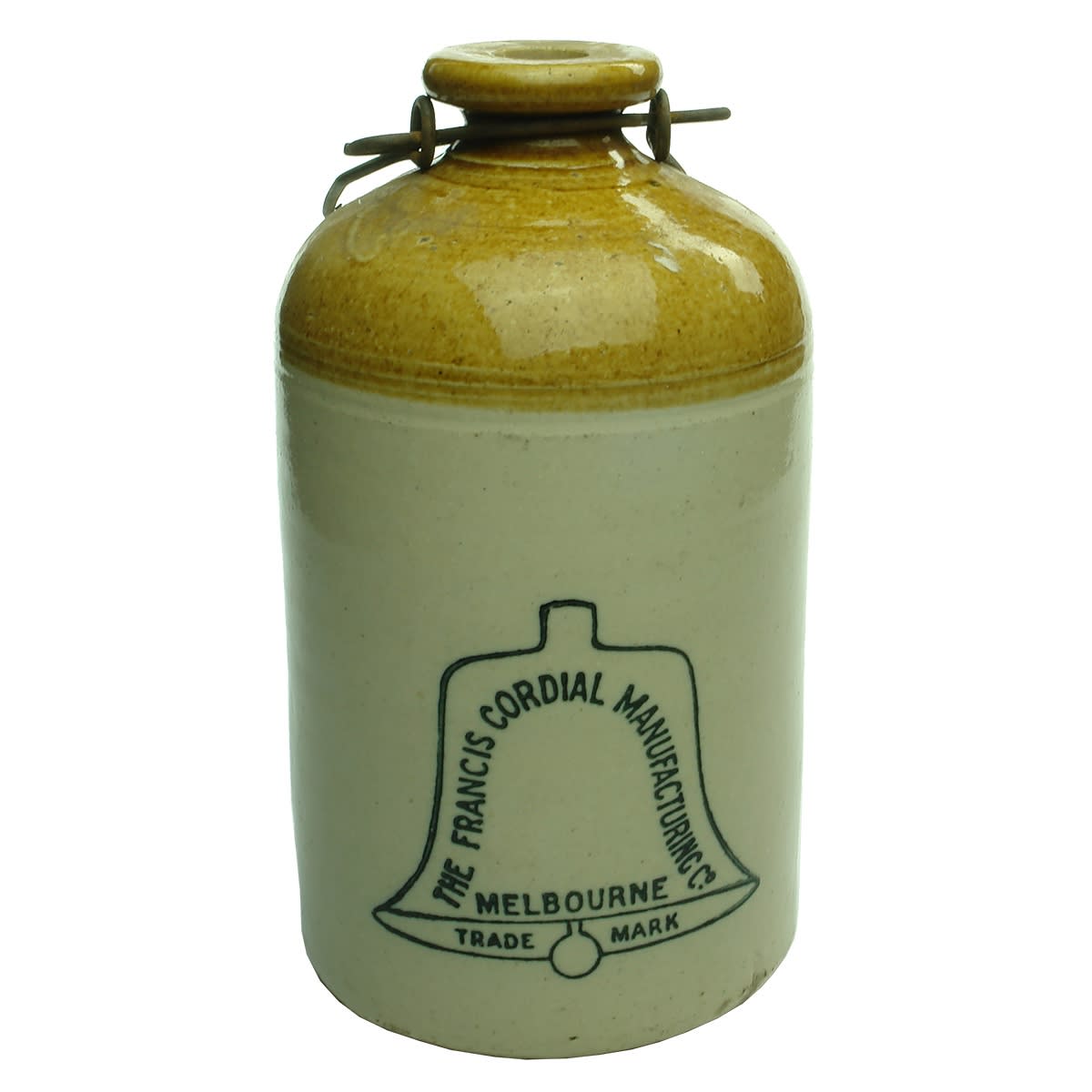 Demijohn. The Francis Cordial Manufacturing Co., Melbourne. Printed. Tan Top. Internal Thread. 1/2 Gallon. (Moonee Valley Company, Victoria)