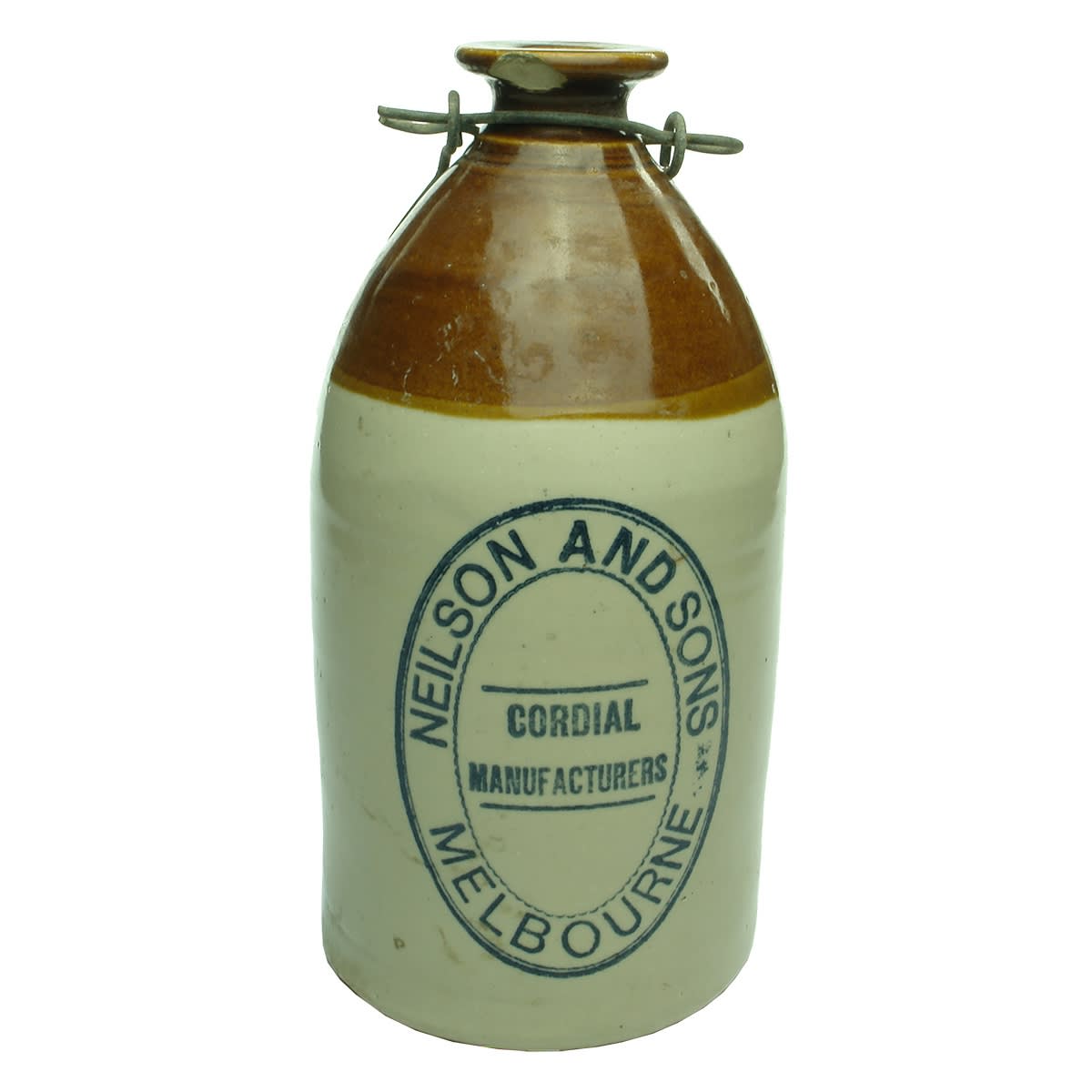 Demijohn. Neilson and Sons, Melbourne. Printed. Sloping Shoulder. Brown Top. (Victoria)
