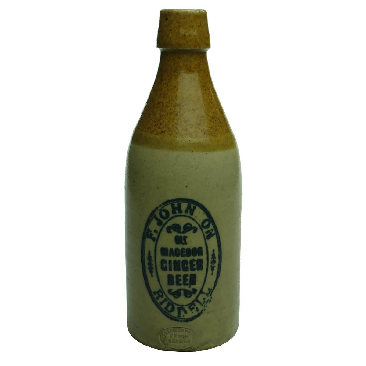 Ginger Beer. F. Johnson, Mt Macedon Ginger Beer, Riddell. Bendigo Pottery. Tan Top. Champagne. 10 oz. (Victoria)