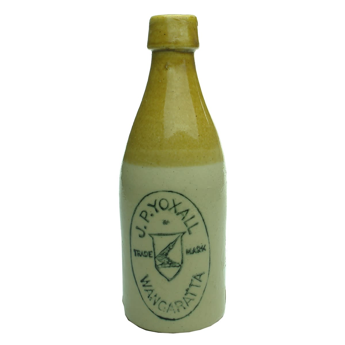 Ginger Beer. J. P. Yoxall, Wangaratta. Bendigo Pottery. Champagne. Cork Top. Tan Top. 10 oz. (Victoria)